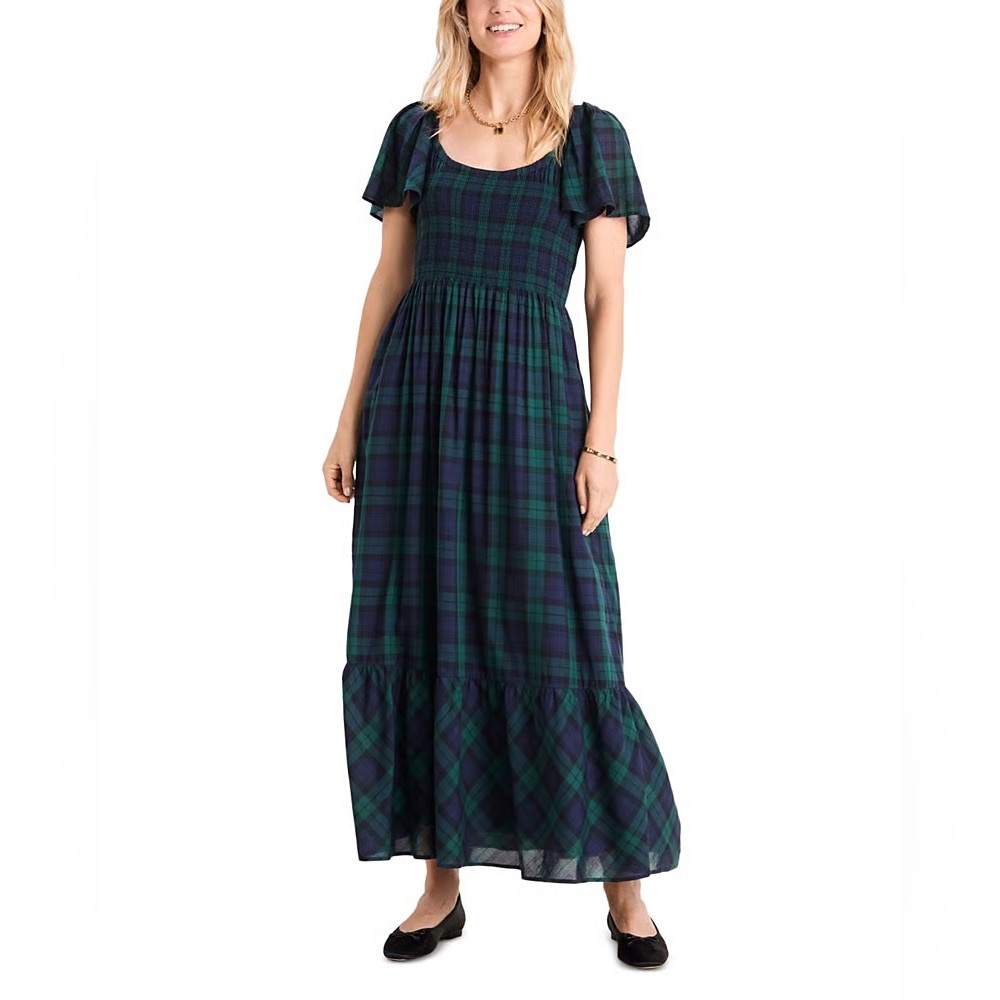 Vineyard Vines Flutter Sleeve Maxi Dress in Charleston Green Plaid Size XXS